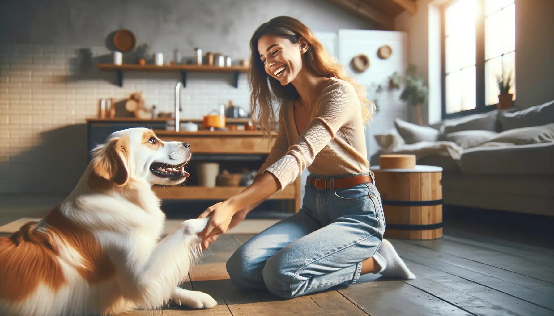 Mulher feliz na sala com o seu cãozinho obediente