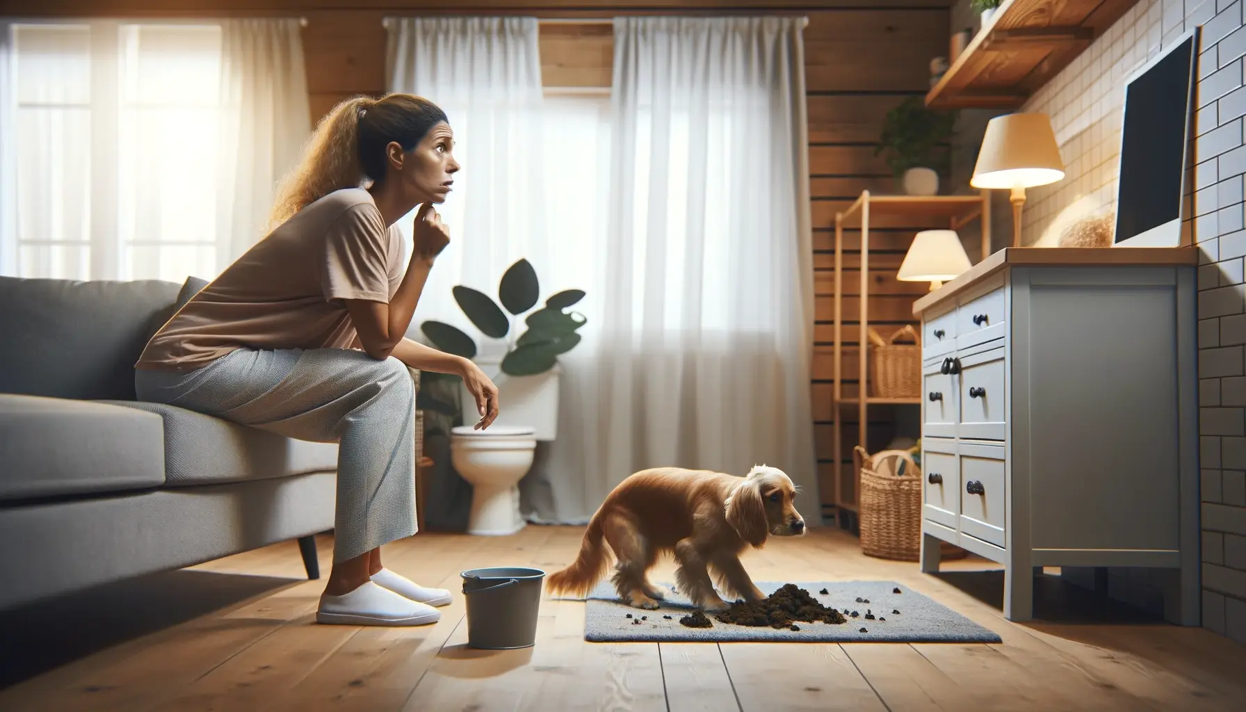 mulher triste com seu cão numa sala, por ele ter feito cocô no tapete